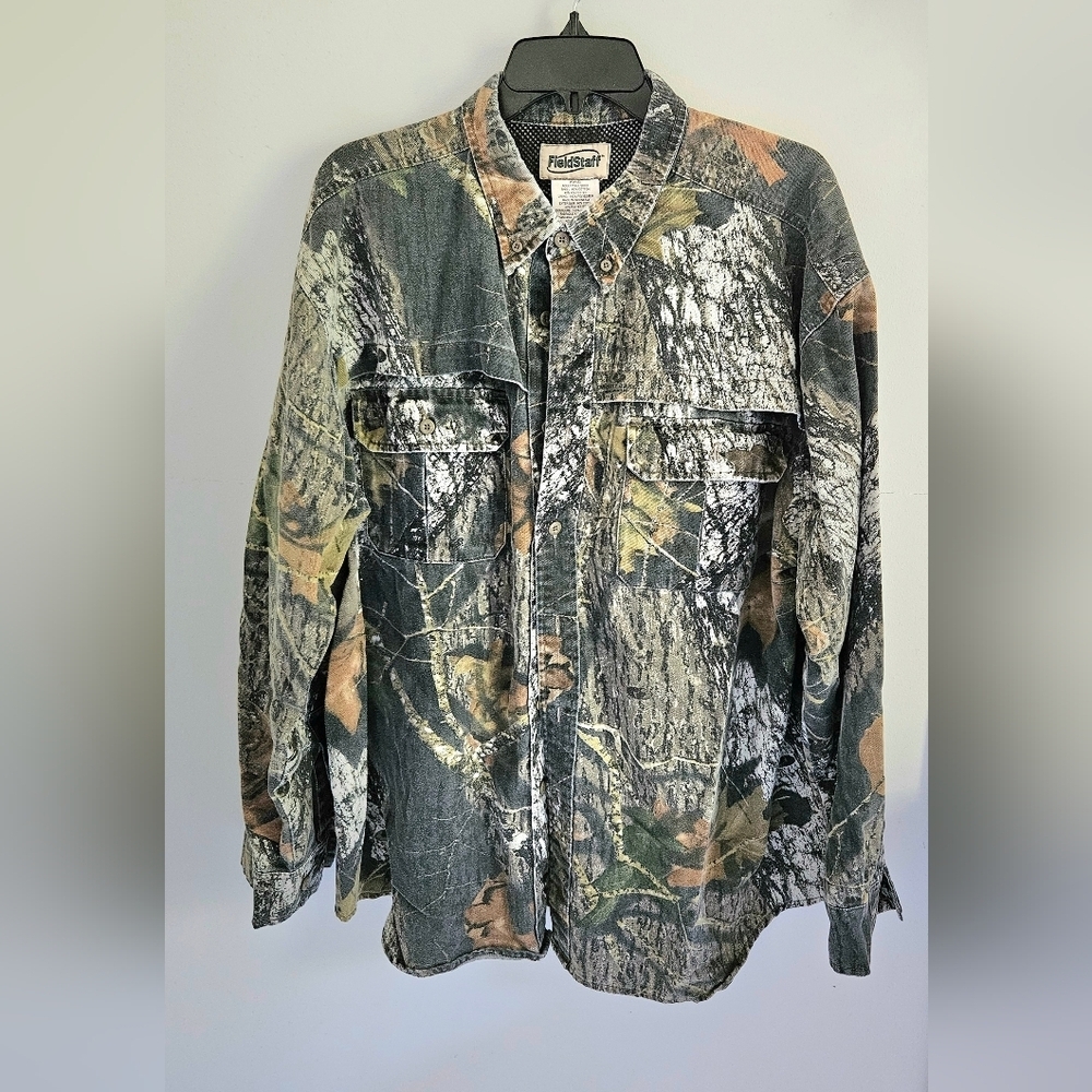 Mossy Oak Woodland Hunting Camo Shirt Jacket By Field Staff 90s